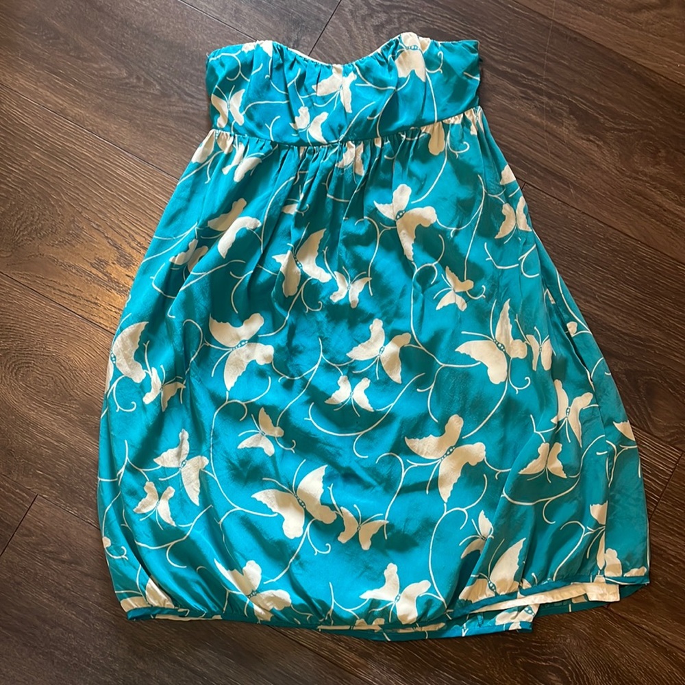 Corey Lynn Calter bubble mini dress Blue Butterfly corset back, pockets!
